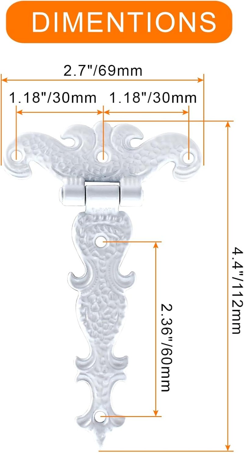 Aracombie 4pcs T Strap Hinges, Decorative Tee Hinge, White Barn Door Hinges, Zinc Alloy T Hinge for Wood Fence Swing Gate Windows, 4.4" x 2.7" - Image 2